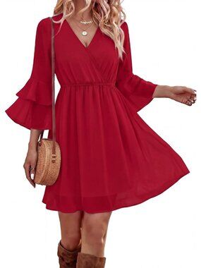 🆕 Women's Red Chiffon Dress 3/4 Ruffle Sleeve V Neck Layered Summer Casual Mini
